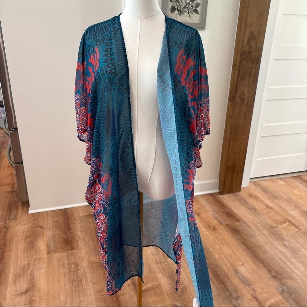 Women's Large Sheer Long Kimono Teal Blue Orange Boho Overlay Casual Flowy Top - Picture 5 of 7